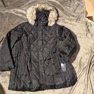 London Fog Black Puffer Jacket with Faux Fur Hood